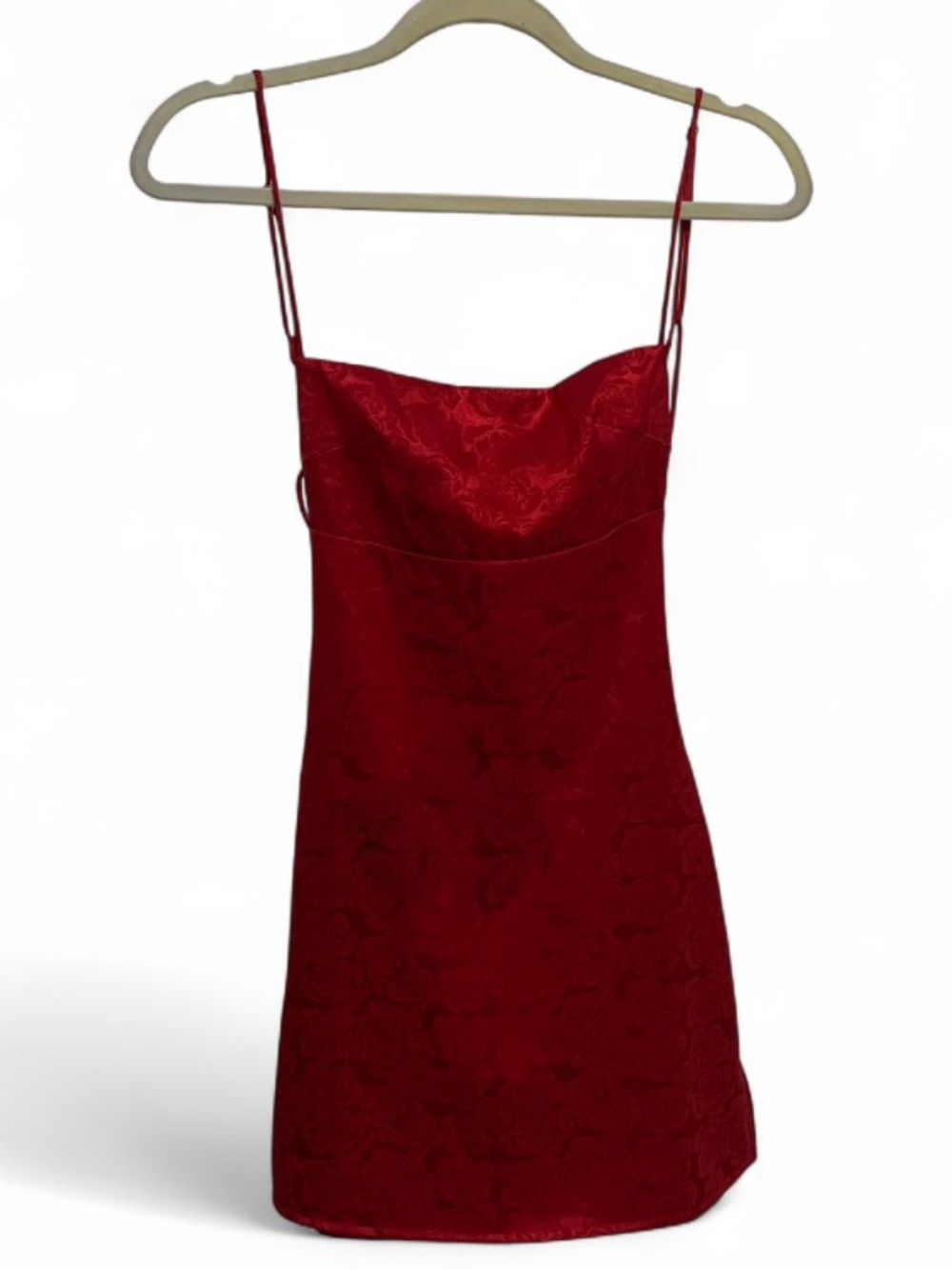 Lucy In the Sky Red Rose Print Embossed Spaghetti Strap Mini Dress